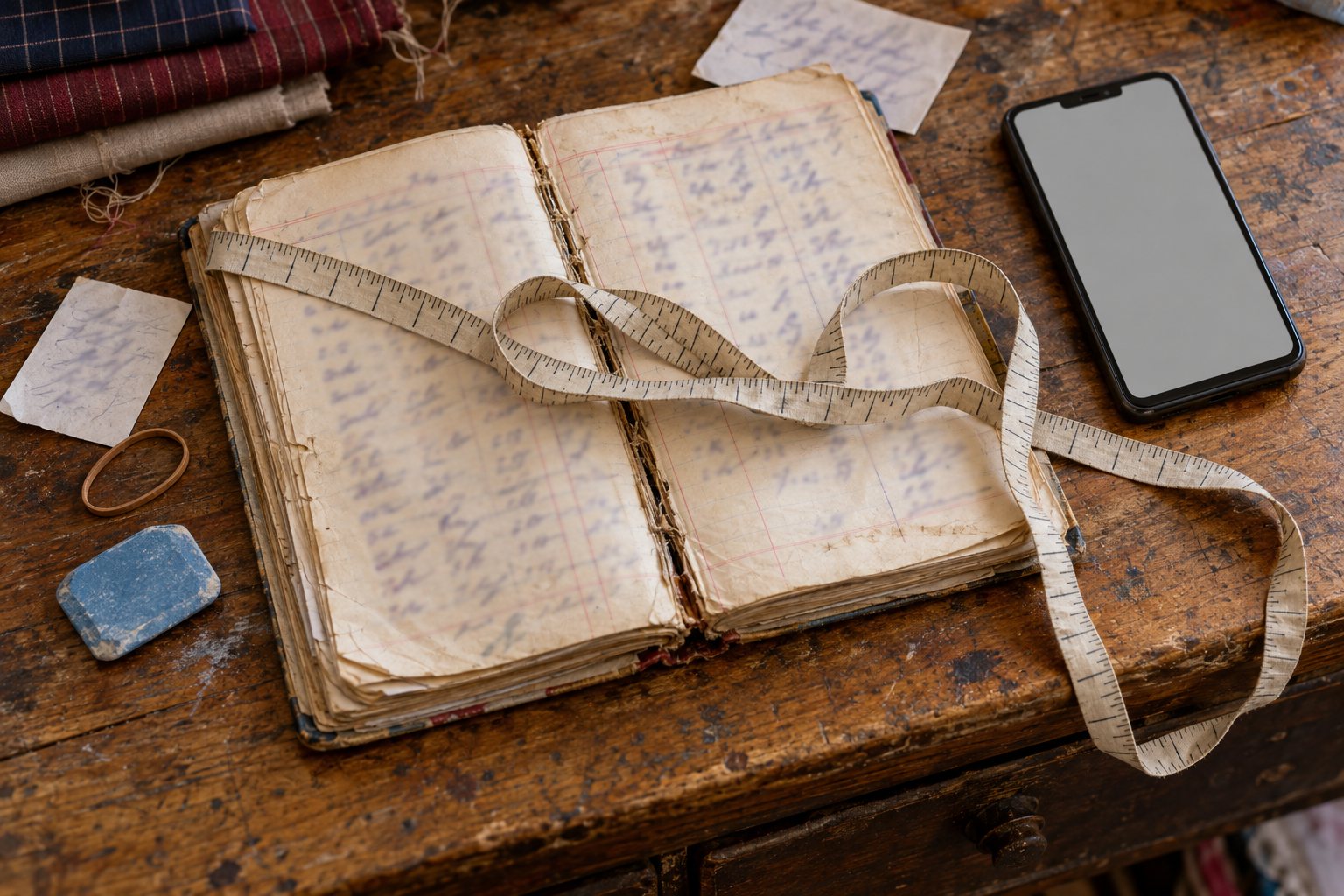 A worn measurement register, paper chits and a cloth tape on a tailor's counter