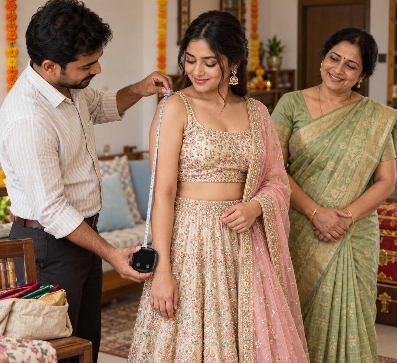 A tailor measures a bride-to-be at her home