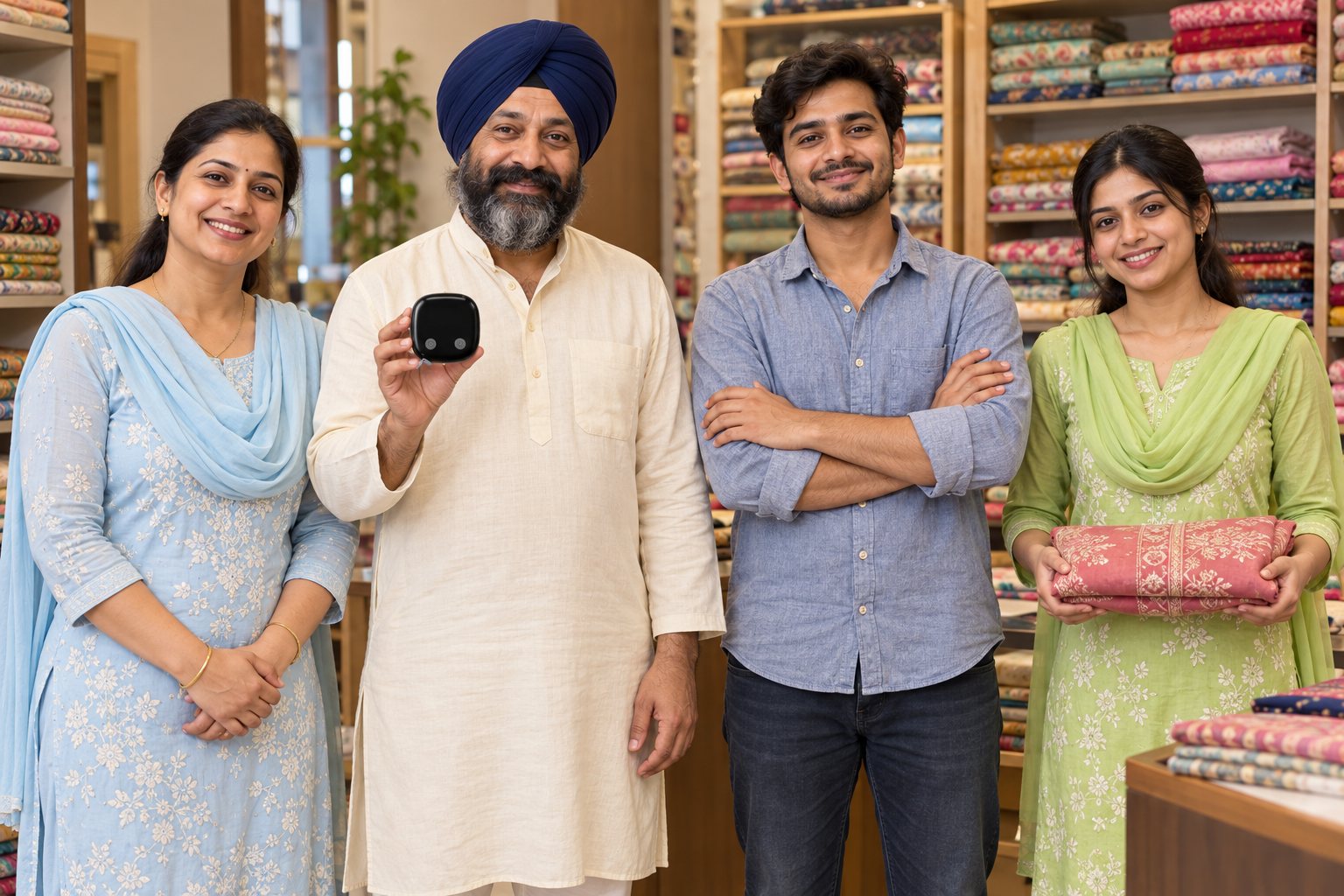 A boutique team: the owner, the master holding the tape, a karigar and the counter staff